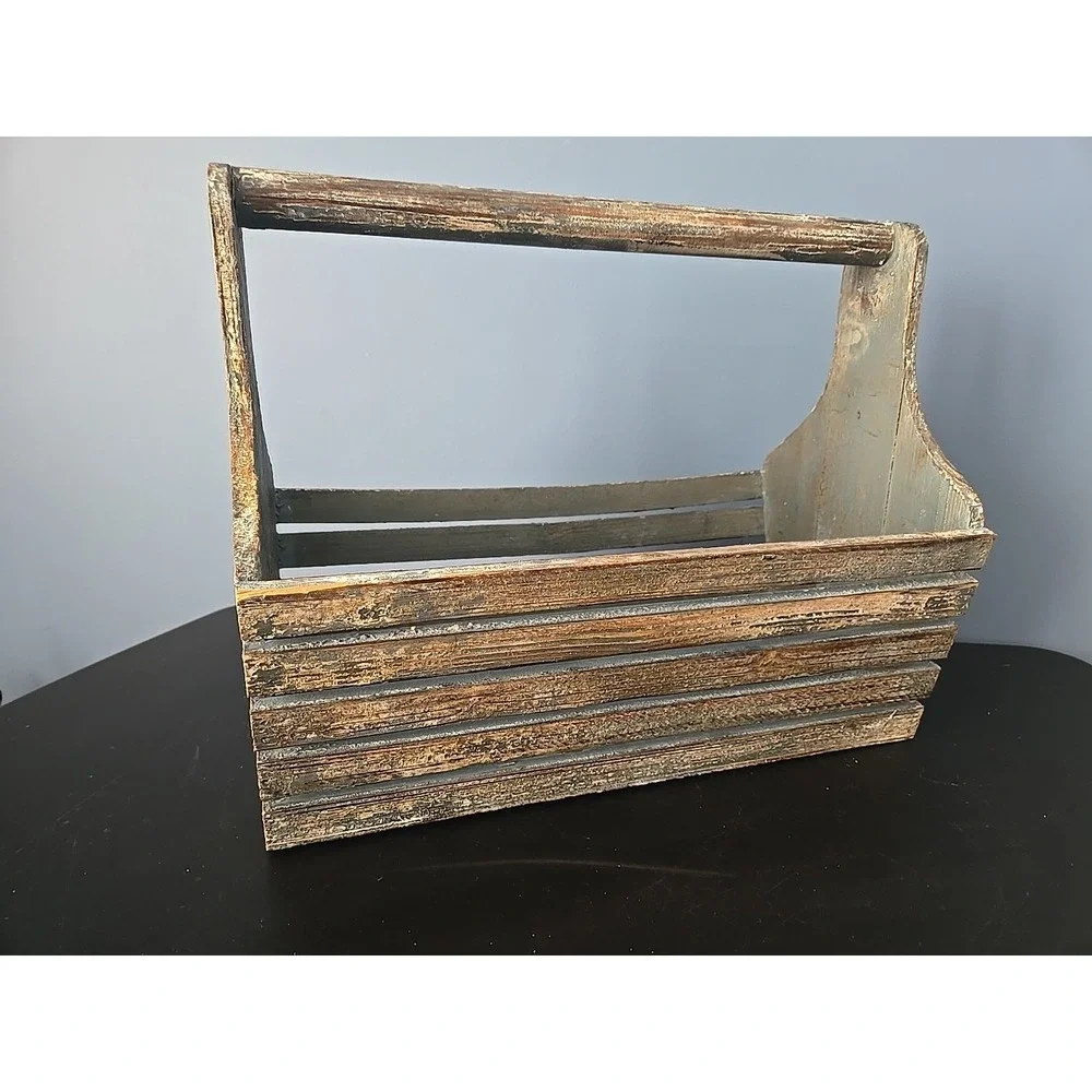Handmade‎ wood basket farmhouse tramp art wood handle slats rustic primitive